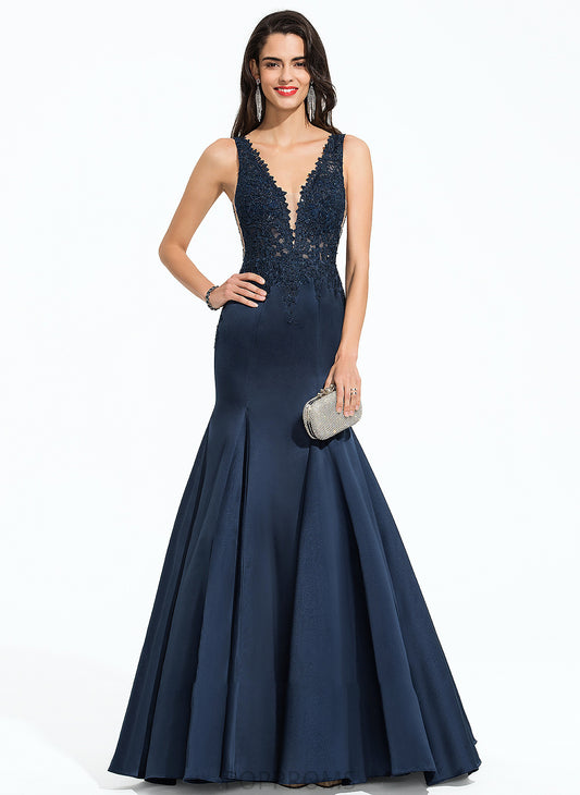 Journey V-neck Satin With Sweep Train Trumpet/Mermaid Beading Prom Dresses