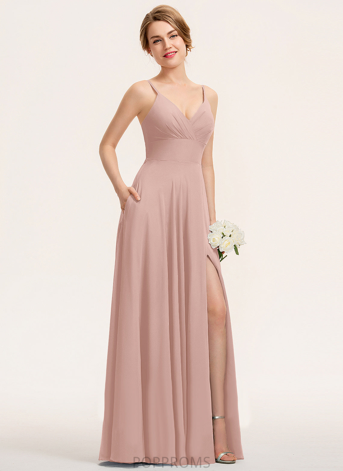 A-Line Skylar V-neck Floor-Length Chiffon Prom Dresses With Pleated