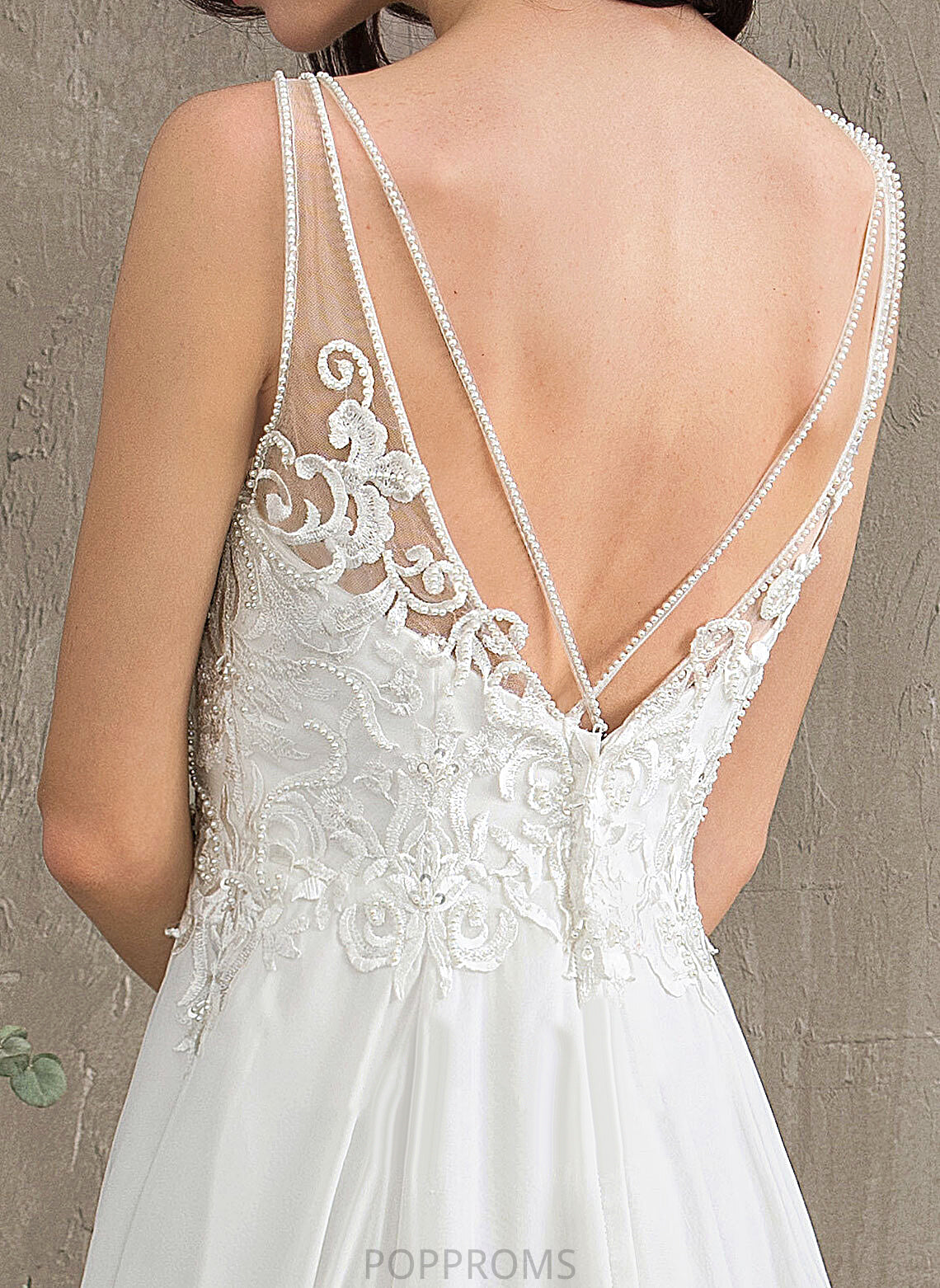 Wedding Chiffon Front A-Line Malia Split Dress Sequins Beading With Lace Sweep V-neck Train Wedding Dresses