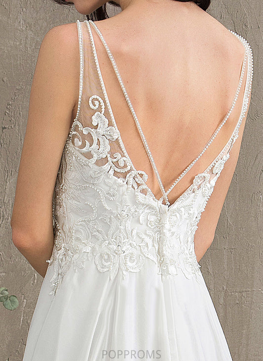 Wedding Chiffon Front A-Line Malia Split Dress Sequins Beading With Lace Sweep V-neck Train Wedding Dresses