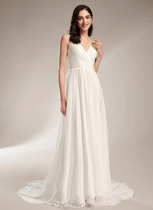 Wedding Dresses Chiffon A-Line Lace Train Wedding Dress V-neck With Court Elianna