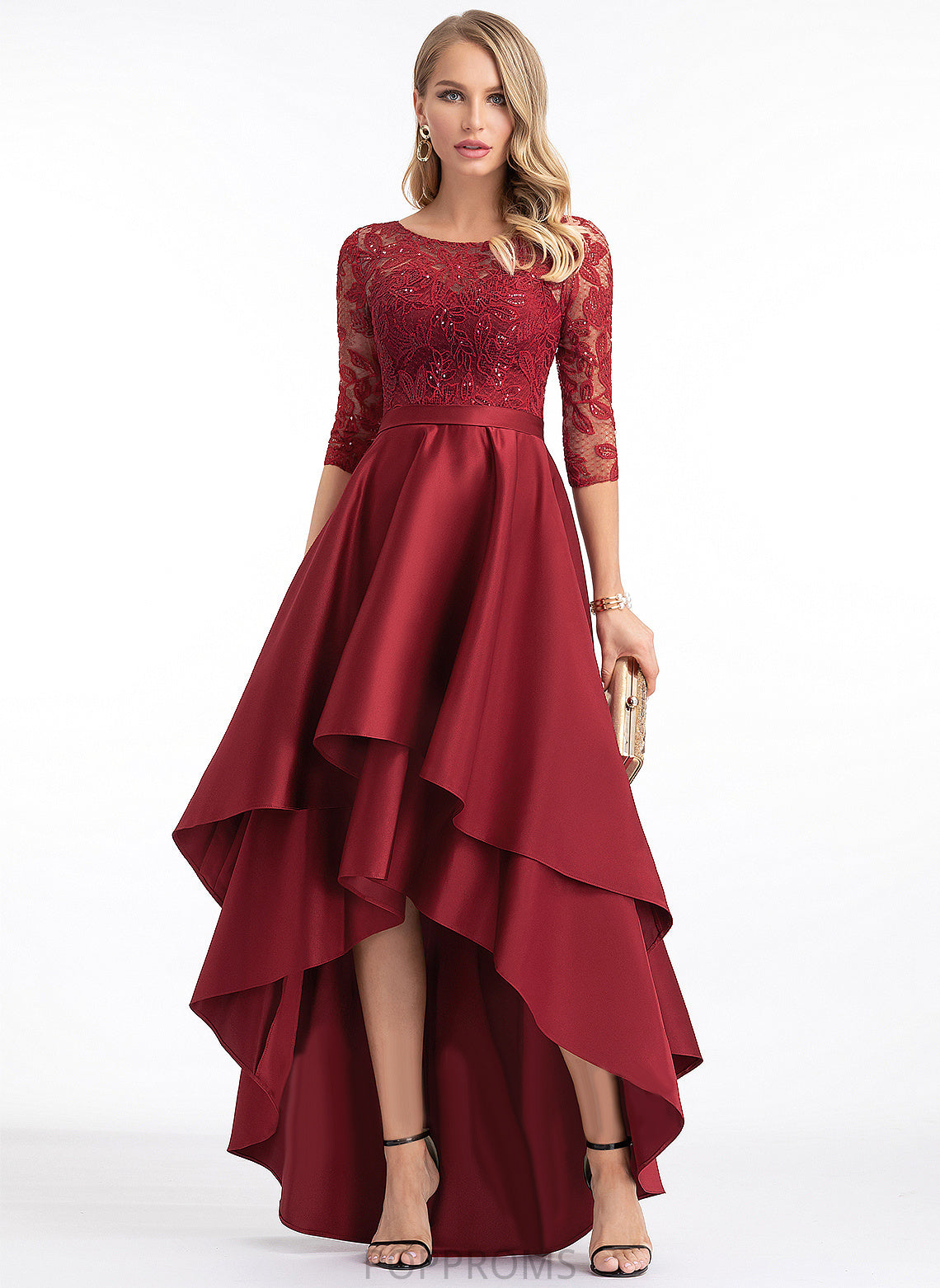 Marely Lace Prom Dresses Scoop With Sequins Satin Asymmetrical A-Line