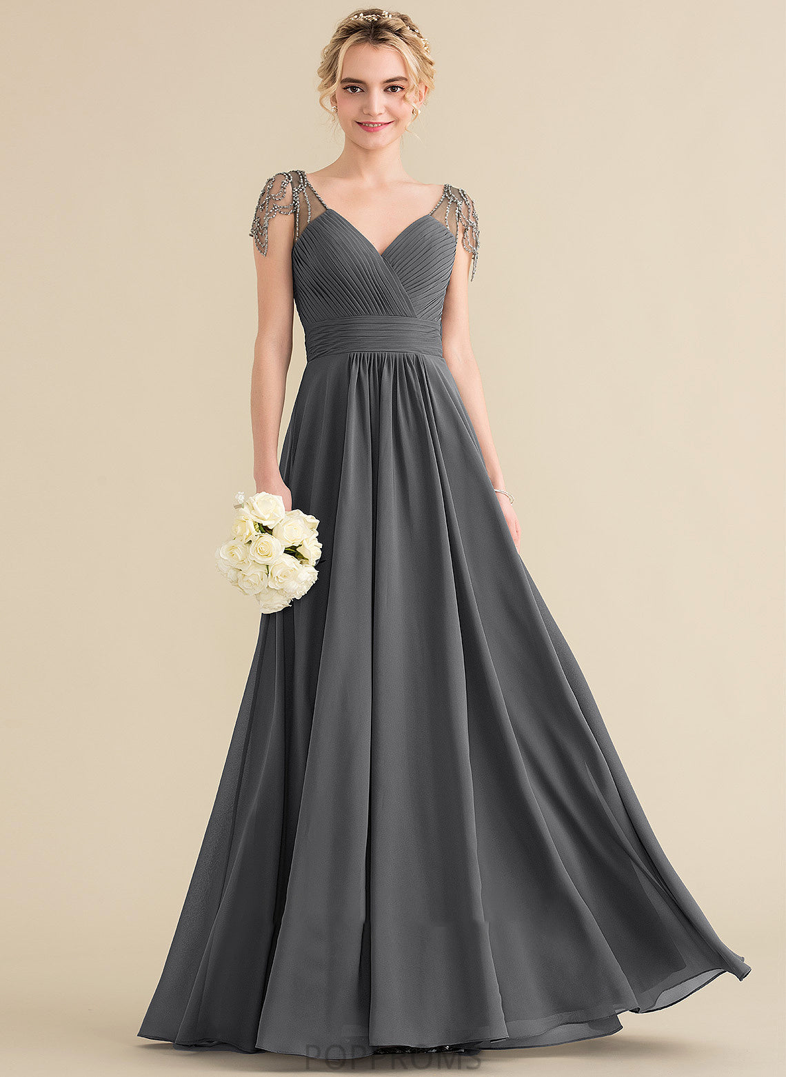 Ruffle Neckline Beading Floor-Length Sequins Length Embellishment Silhouette A-Line Fabric V-neck Elena Bridesmaid Dresses