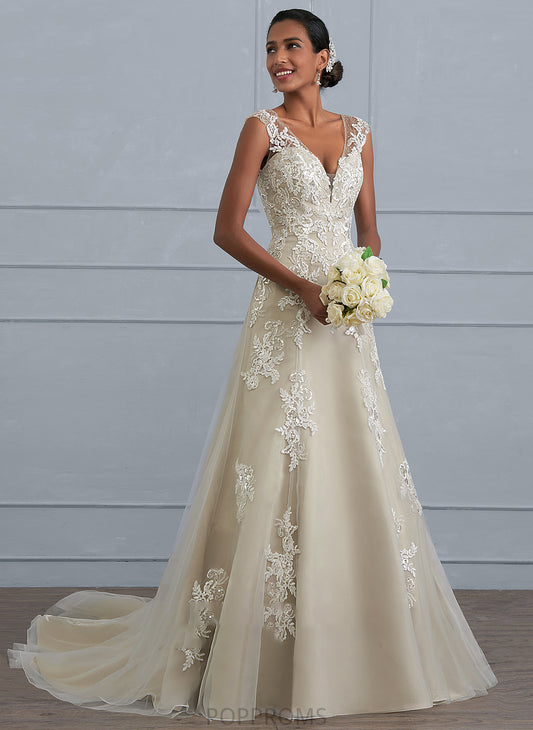 Dress Lace Sequins Wedding Dresses With Tulle Court V-neck Beading Train Sydnee Wedding A-Line