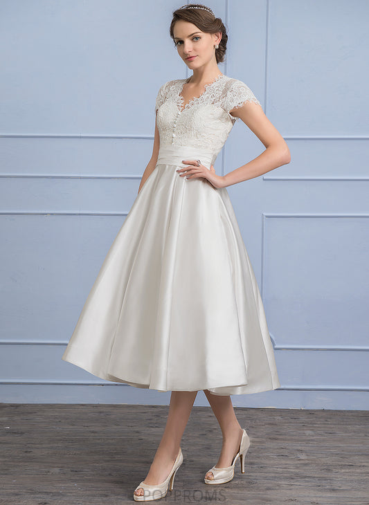 Tea-Length Maci Dress V-neck Ruffle Wedding With Wedding Dresses A-Line Lace Satin