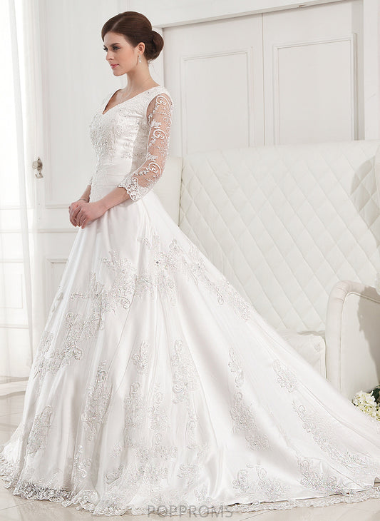 Wedding Train Dress Ball-Gown/Princess Kenley Beading V-neck Satin Chapel Lace With Wedding Dresses Appliques