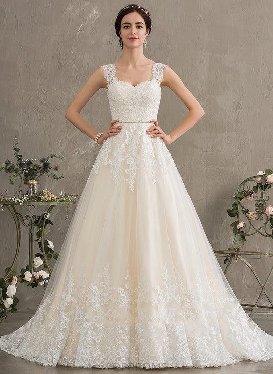 Ball-Gown/Princess Wedding Dress Arielle Train Lace Tulle Wedding Dresses Beading Sweetheart With Sequins Court