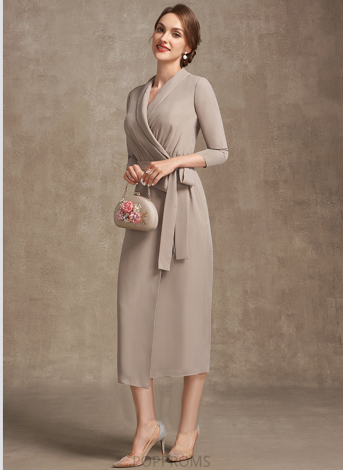 Bride Paige Tea-Length Bow(s) Dress of With Mother of the Bride Dresses Chiffon the Mother Sheath/Column V-neck