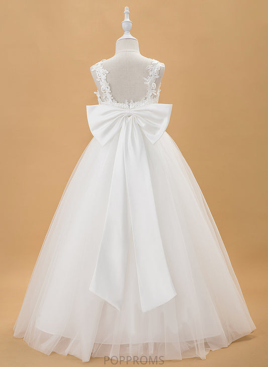 Sleeveless Floor-length Dress Girl Ball-Gown/Princess Beading/Bow(s) - Tulle/Lace With Tracy Flower Flower Girl Dresses V-neck