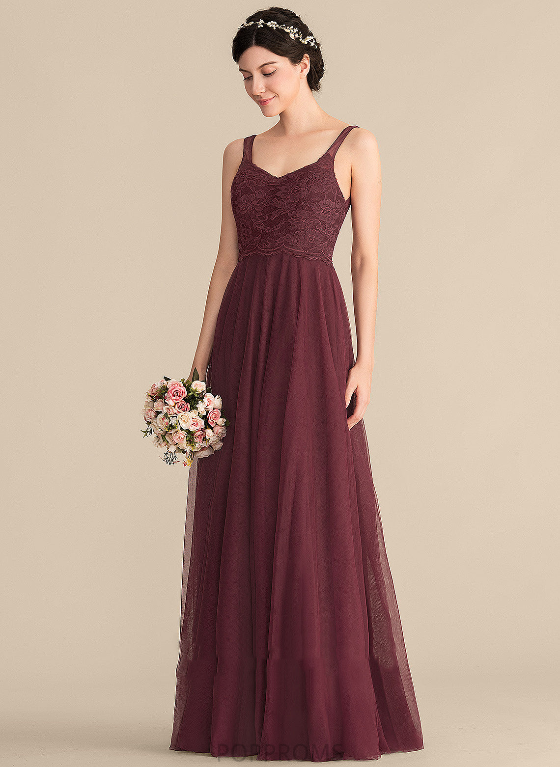 V-neck Fabric Length Silhouette Neckline Lace Straps A-Line Tulle Floor-Length Kathryn Sleeveless Bridesmaid Dresses