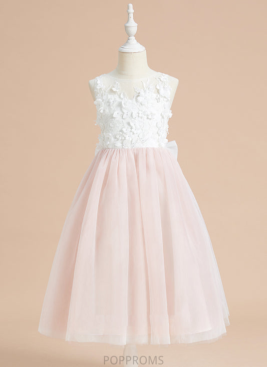 A-Line Nyla Lace/Flower(s)/Bow(s) Scoop Sleeveless Tulle Girl - Neck Dress With Flower Girl Dresses Tea-length Flower