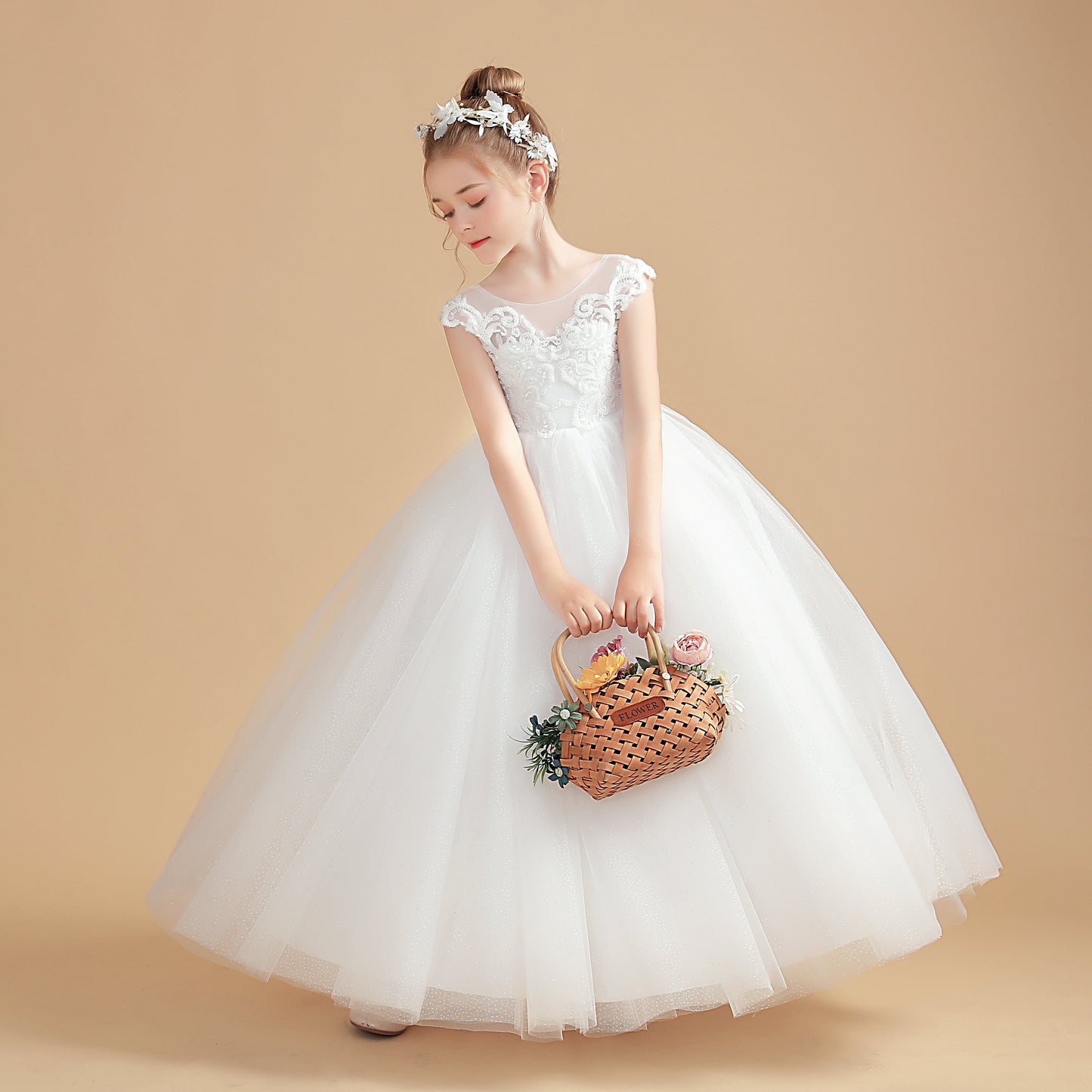 Cap Sleeves Ivory Tulle Flower Girl Dresses With Bow-Knot