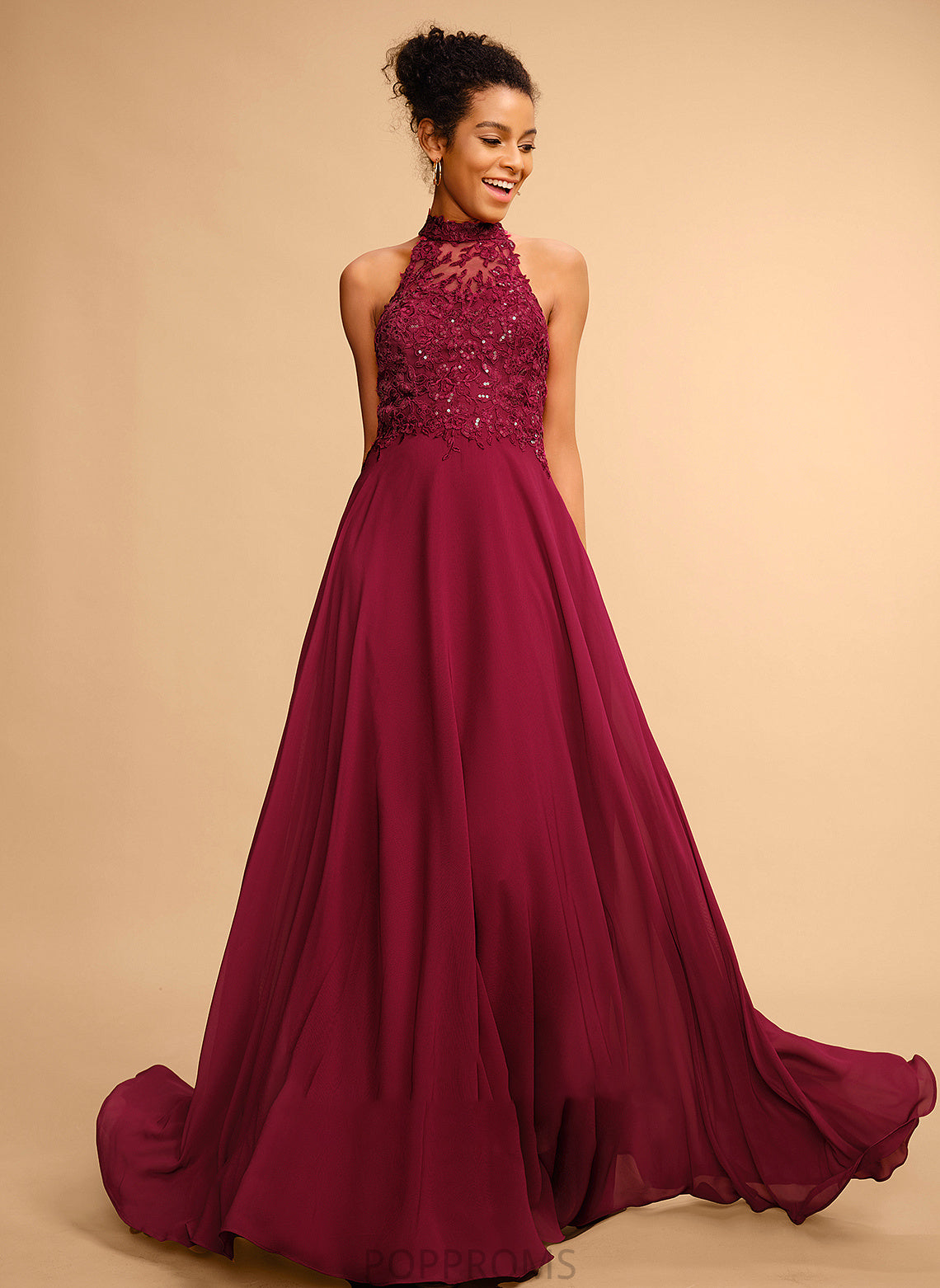 Chiffon Halter With Lace A-Line Floor-Length Prom Dresses Liz Sequins