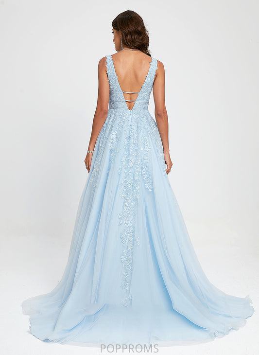 Lace Prom Dresses Sweep Train Kamari Beading Ball-Gown/Princess With V-neck Tulle