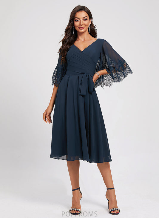 Pleated Chiffon A-Line With V-neck Sash Dress Lace Cocktail Knee-Length Cocktail Dresses Selina