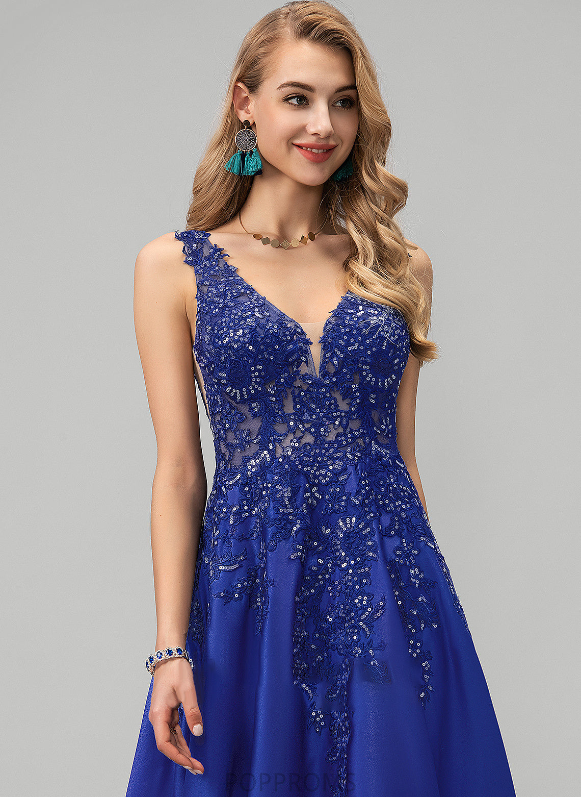 Prom Dresses A-Line Floor-Length Satin Lace Brenda With Sequins V-neck