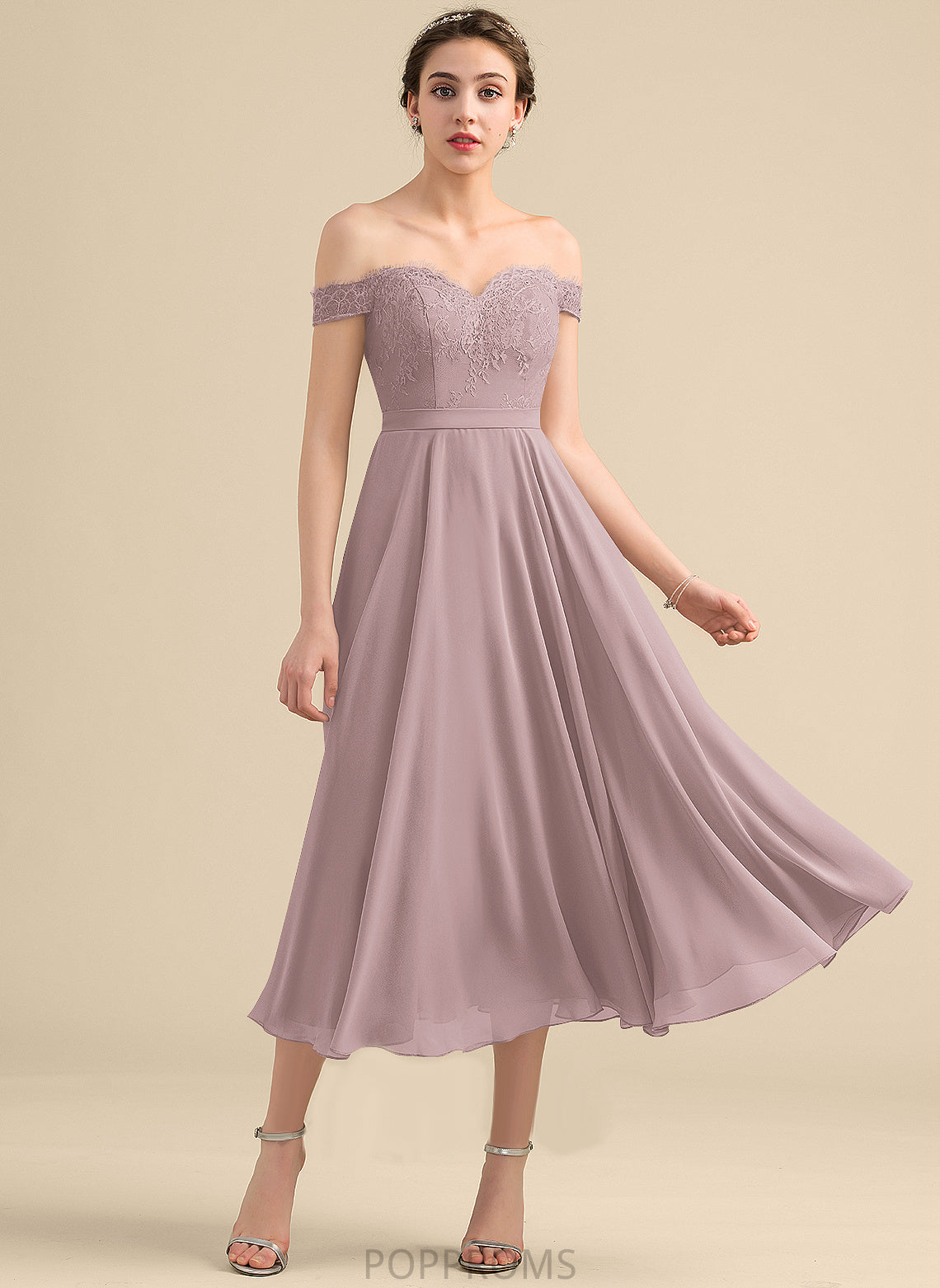 Length Silhouette Tea-Length Beading A-Line Embellishment Neckline Off-the-Shoulder Fabric Yasmin Spaghetti Staps Sleeveless Bridesmaid Dresses