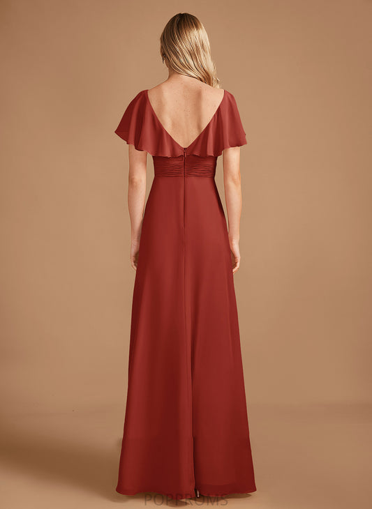 A-Line HighNeck Silhouette Neckline SplitFront Floor-Length Ruffle Fabric Embellishment Length Sherry Floor Length Bridesmaid Dresses