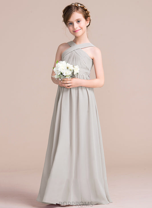 With Addison Bow(s) V-neck Chiffon Floor-Length Ruffle A-Line Junior Bridesmaid Dresses