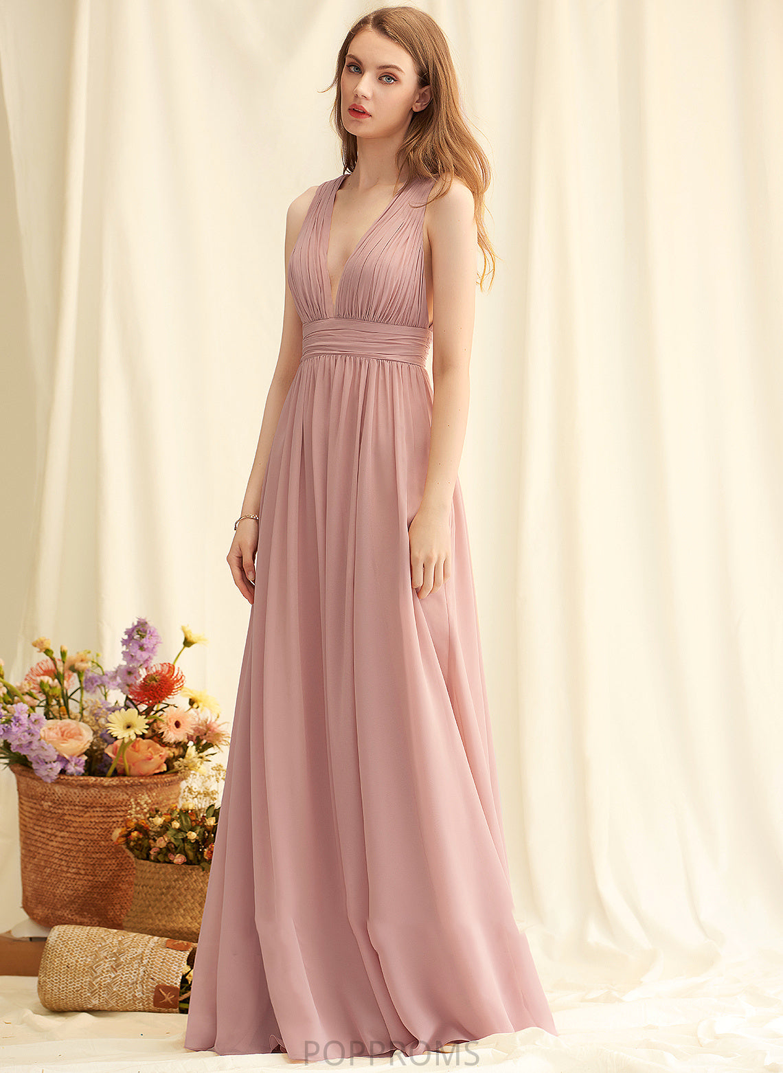 V-neck Fabric SplitFront Floor-Length Silhouette A-Line Neckline Length Embellishment Amina A-Line/Princess Sleeveless Bridesmaid Dresses