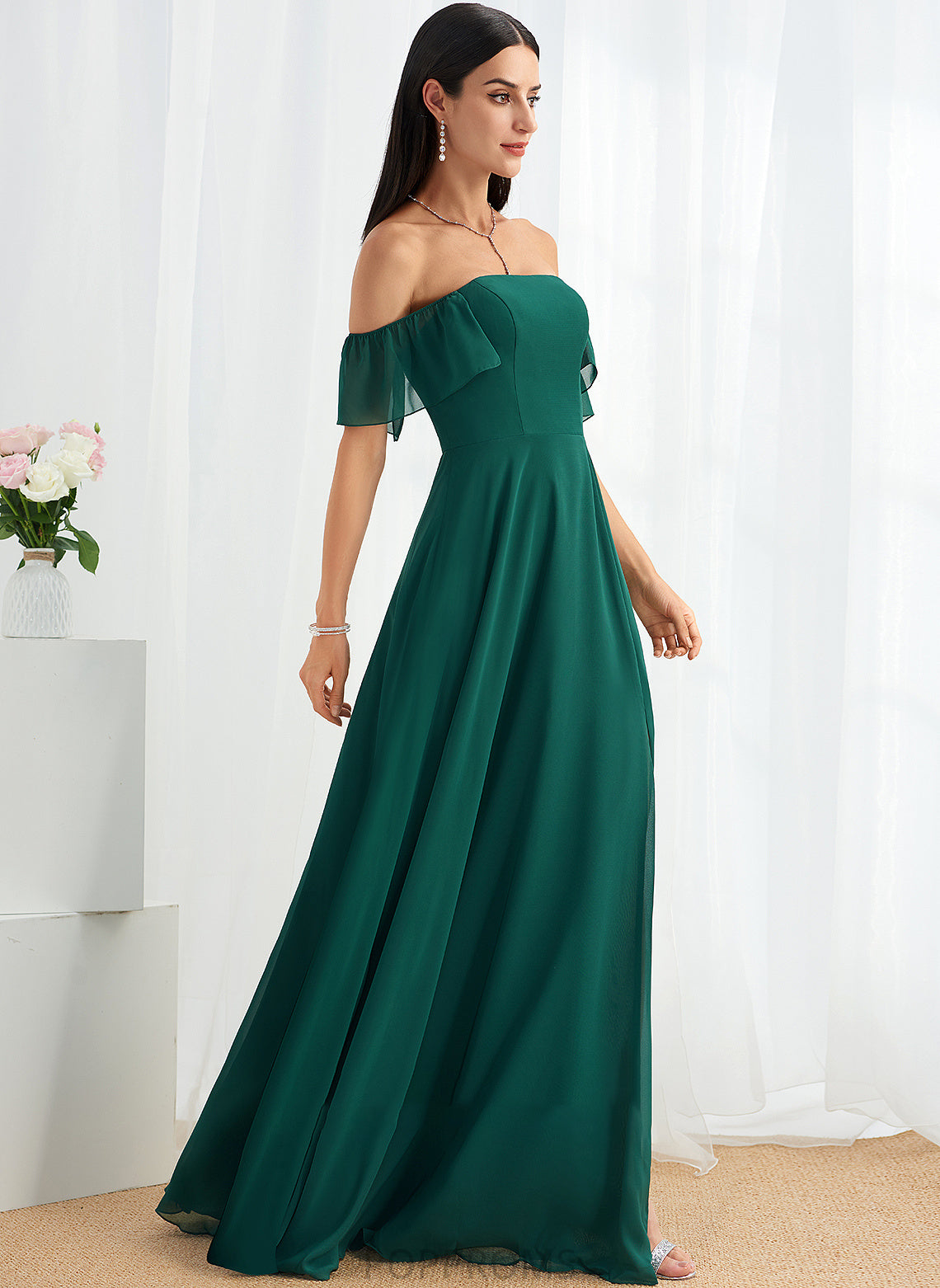 A-Line SplitFront Silhouette Floor-Length Length Off-the-Shoulder Fabric Neckline Embellishment Regan A-Line/Princess Natural Waist Bridesmaid Dresses