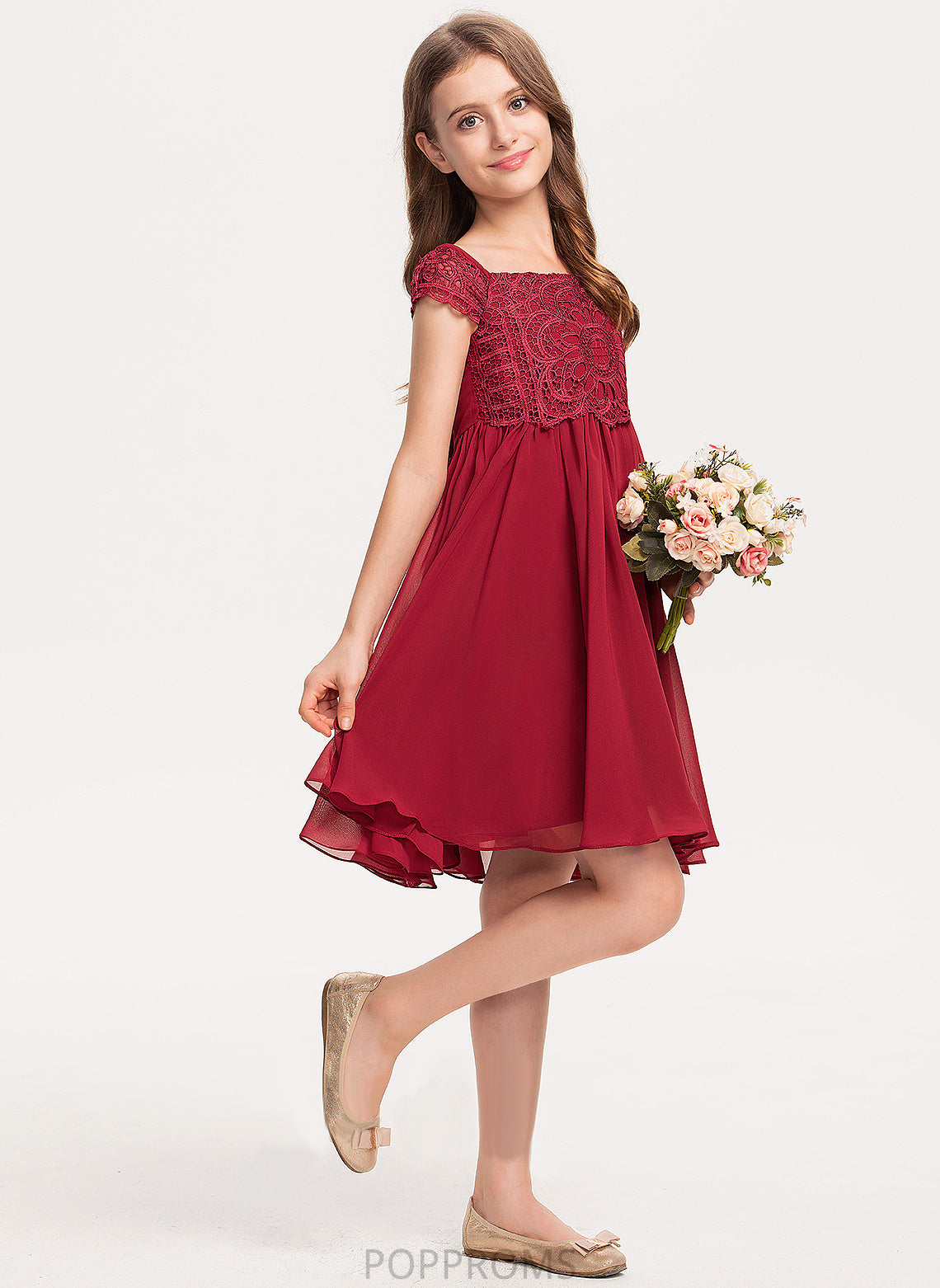 Short Square Girl Michelle Flower Flower Girl Dresses A-Line Knee-length Chiffon - Sleeves Neckline Dress