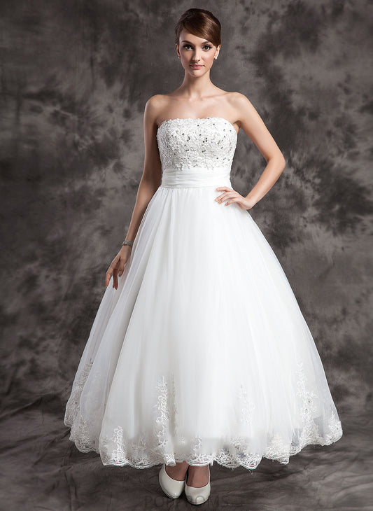 Ball-Gown/Princess Dress Strapless Averi Satin Wedding Ankle-Length Beading Wedding Dresses Organza With Lace