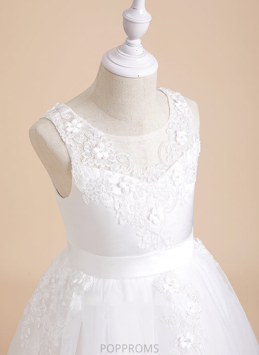 Talia - Sleeveless Flower Girl Dresses Flower With Tea-length Scoop Dress Neck A-Line Beading/Flower(s) Girl Tulle/Lace