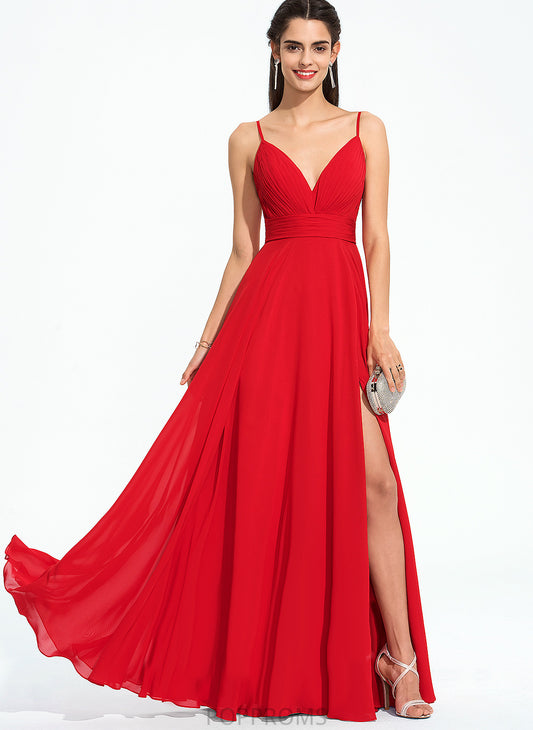 With V-neck A-Line Ruffle Madalyn Floor-Length Prom Dresses Chiffon