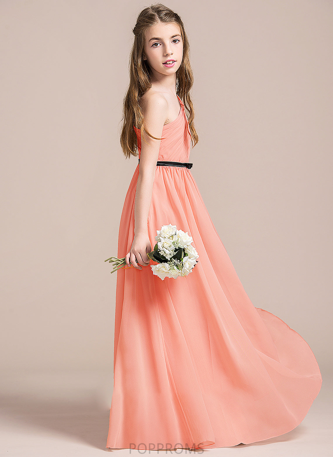 With A-Line Jo One-Shoulder Floor-Length Bow(s) Chiffon Ruffle Junior Bridesmaid Dresses