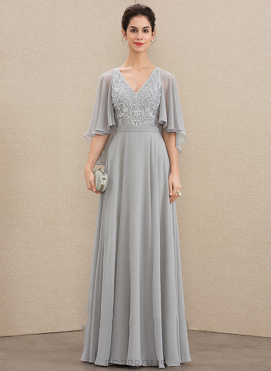 With A-Line Beading Chiffon the Carlie Mother Lace Sequins Bride of Floor-Length Dress V-neck Mother of the Bride Dresses