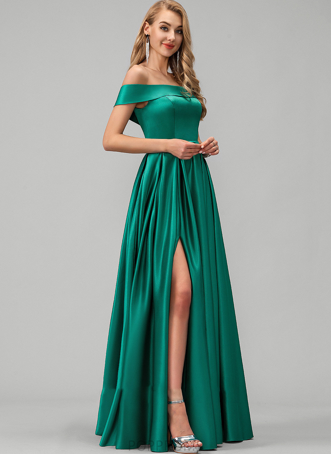 Pockets Off-the-Shoulder Embellishment Floor-Length Satin Straps Fabric Length SplitFront Neckline Abigail Sleeveless Bridesmaid Dresses