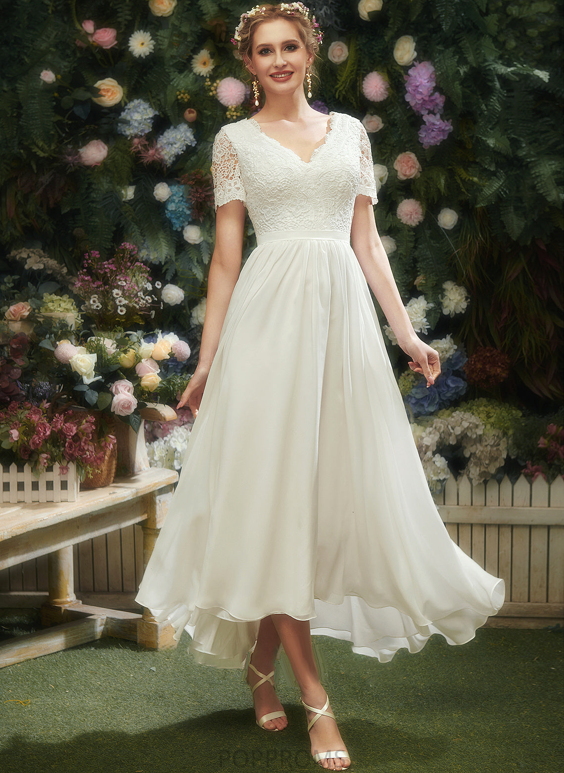 Marisa With Wedding Dresses Asymmetrical A-Line Dress Lace Wedding V-neck