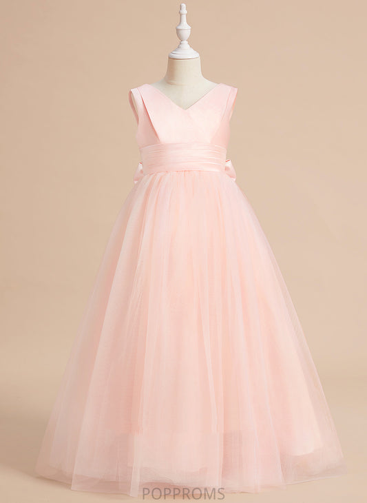 Sleeveless - Flower Girl Dresses V-neck Ball-Gown/Princess With Emery Dress Bow(s) Floor-length Satin/Tulle Flower Girl