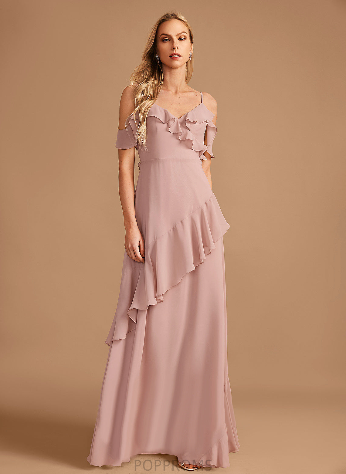 Floor-Length Ruffle Silhouette Length A-Line Embellishment Neckline Fabric V-neck Melody V-Neck Natural Waist Bridesmaid Dresses