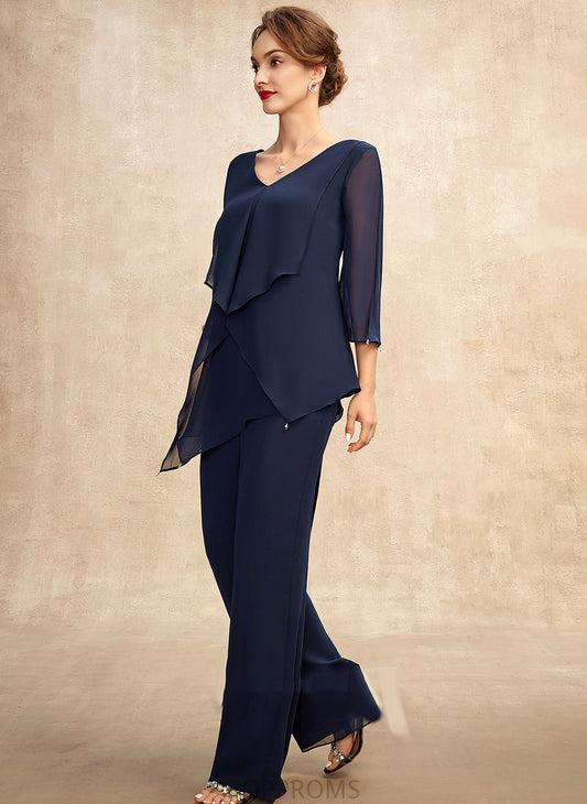 the Cascading Jumpsuit/Pantsuit Dress Autumn Mother of the Bride Dresses Chiffon Floor-Length With V-neck of Bride Ruffles Mother