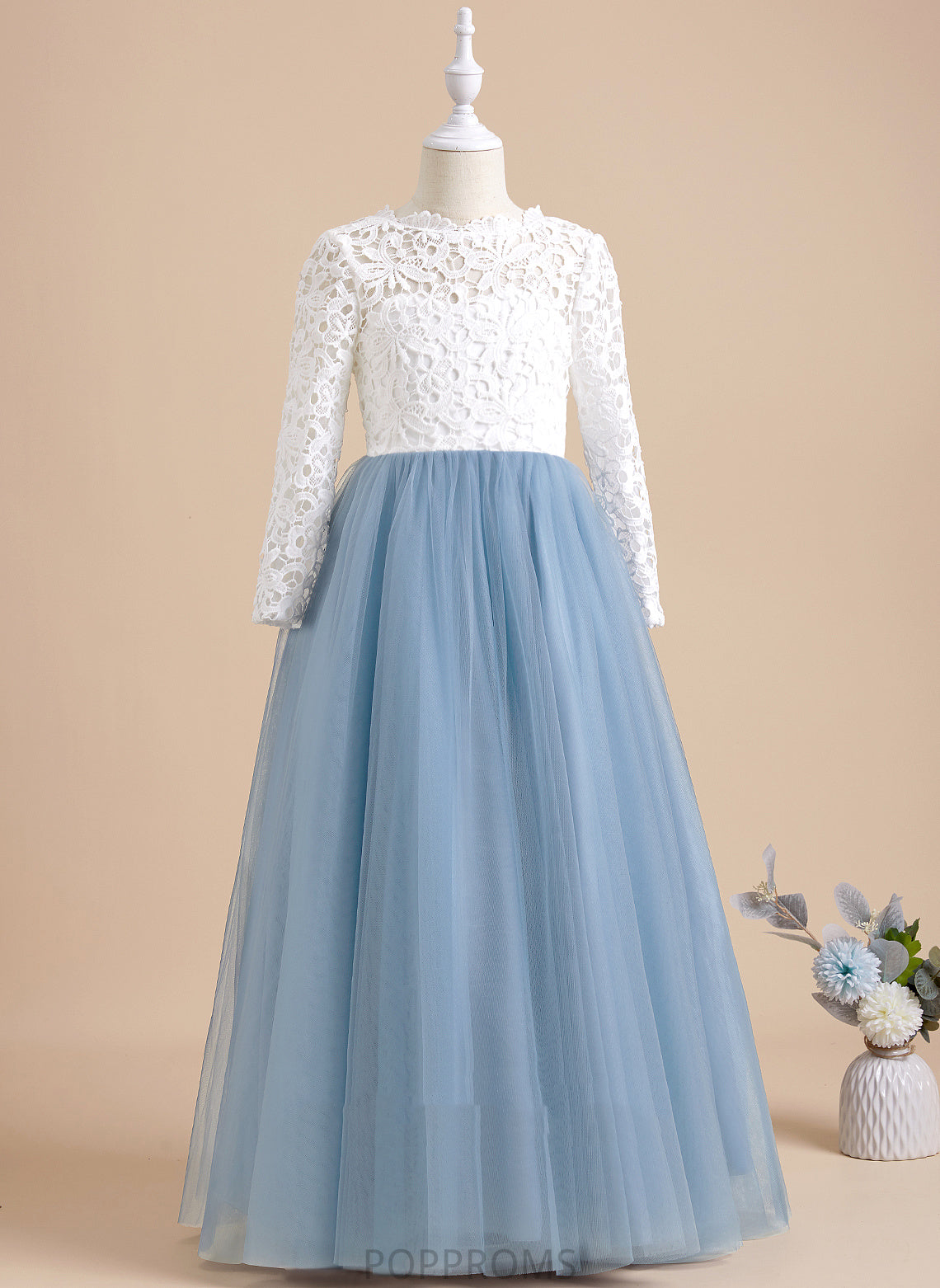 With Ball-Gown/Princess Scoop Sleeves Bow(s)/V Back Dress - Girl Tulle/Lace Long Flower Flower Girl Dresses Floor-length Neck Novia