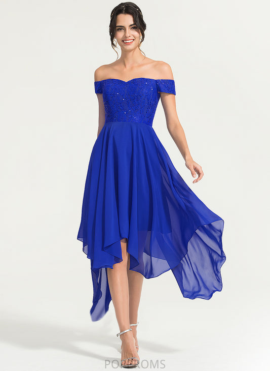 Asymmetrical Abigail Cocktail Dresses Chiffon Cocktail With Off-the-Shoulder A-Line Beading Dress Lace