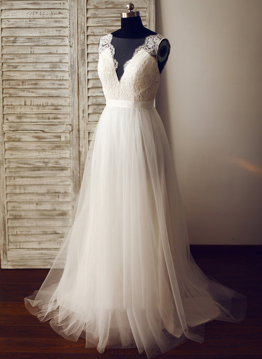 Wedding Dress Train Chana Wedding Dresses Tulle V-neck A-Line Sweep