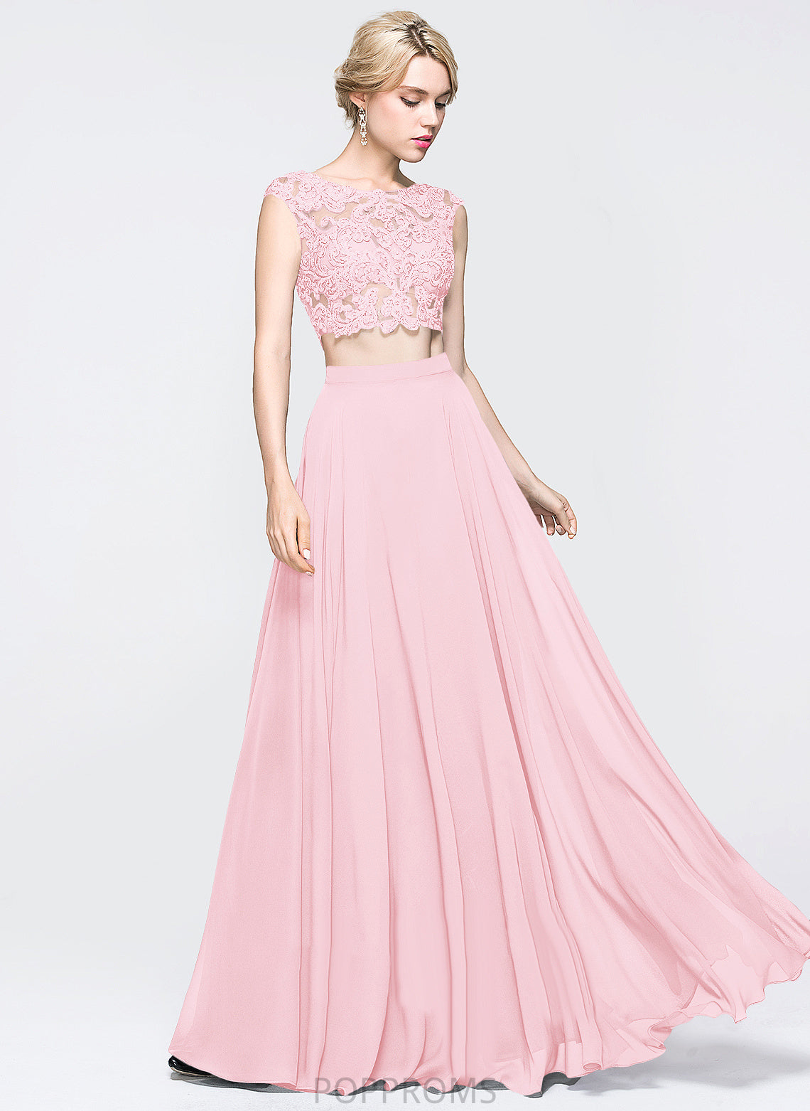 Yaretzi Scoop Chiffon A-Line Prom Dresses Sequins Lace With Floor-Length Beading