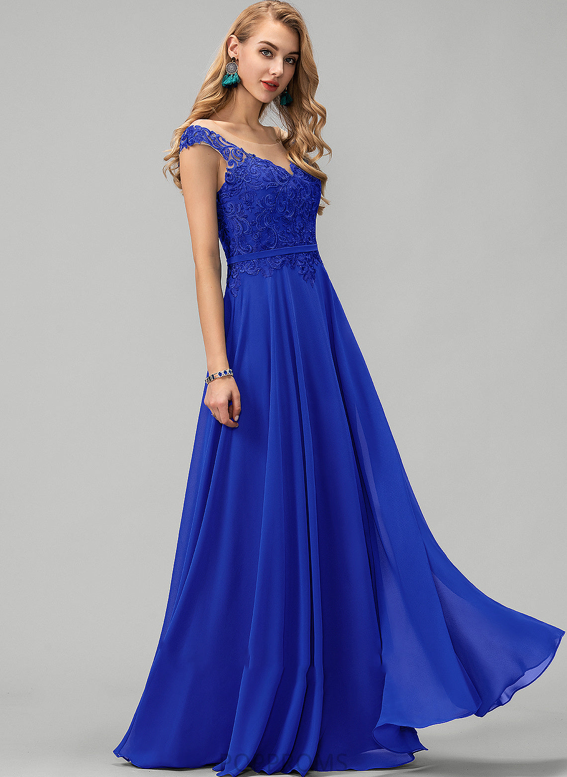 Chiffon Floor-Length With Lace Lauretta A-Line Scoop Sequins Prom Dresses Neck