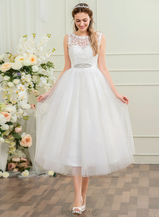 Ball-Gown/Princess Beading Sequins Tulle Wedding Lace Dress Alia Tea-Length Satin With Wedding Dresses