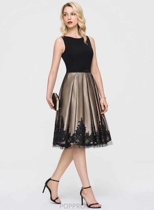 Cocktail Crepe Alayna A-Line Stretch Scoop Beading Knee-Length Dress Sequins With Tulle Neck Cocktail Dresses