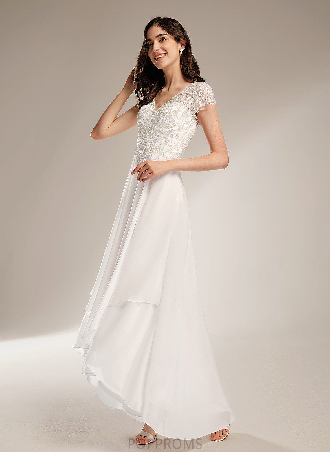 Wedding Dresses Chiffon Asymmetrical A-Line Dress Wedding Janey Lace V-neck