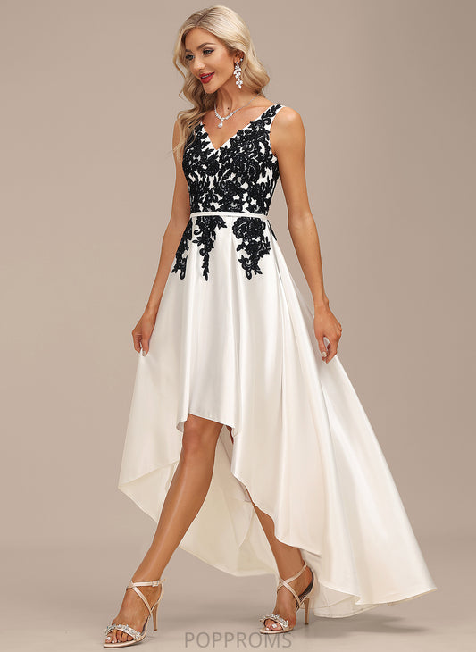 Dress V-neck Cocktail Dresses Asymmetrical Lace Mia A-Line Satin Cocktail