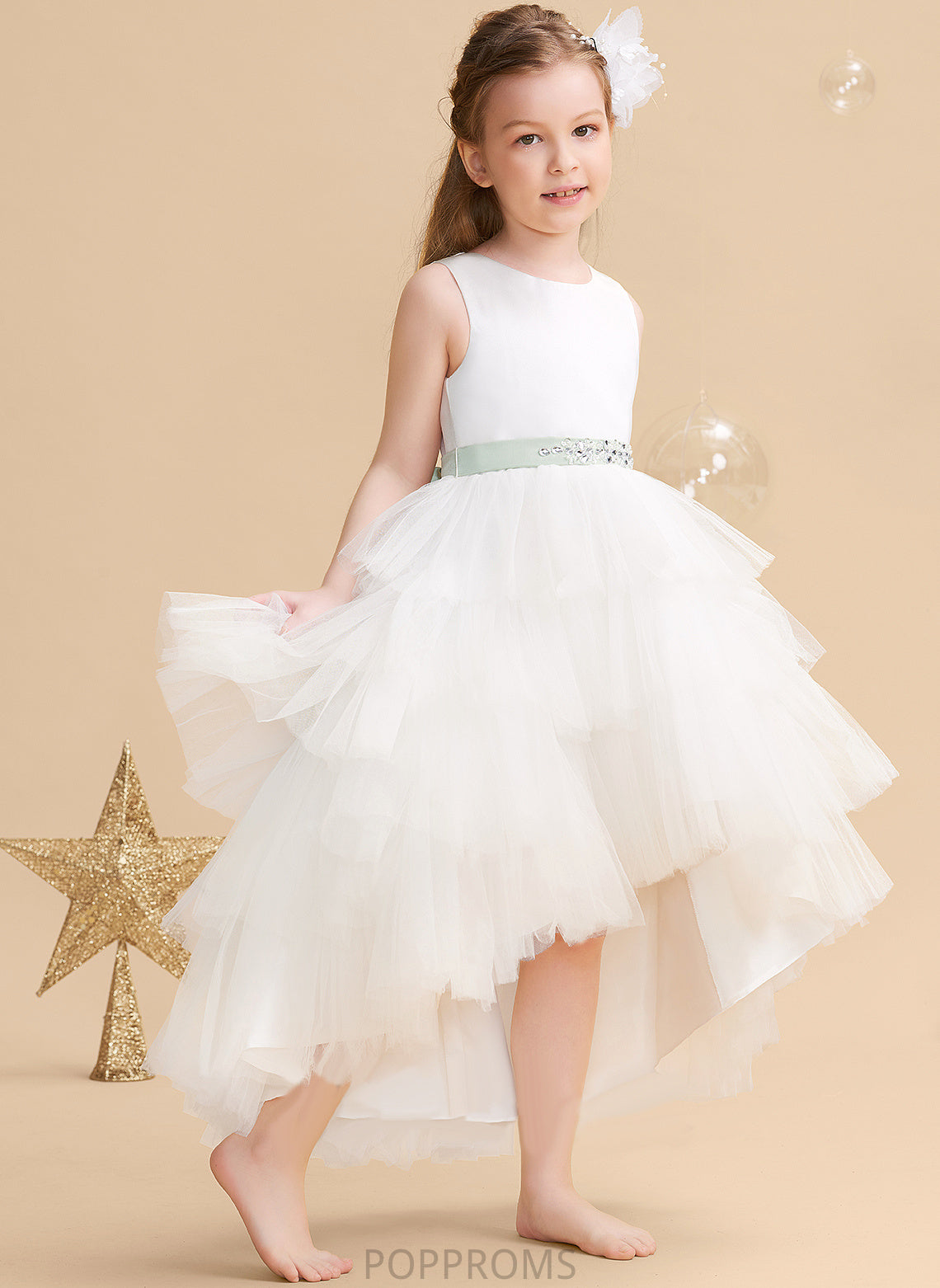 - (Detachable Sierra Dress Ball-Gown/Princess With sash) Sash/Beading Neck Sleeveless Asymmetrical Flower Girl Dresses Tulle Scoop Flower Girl