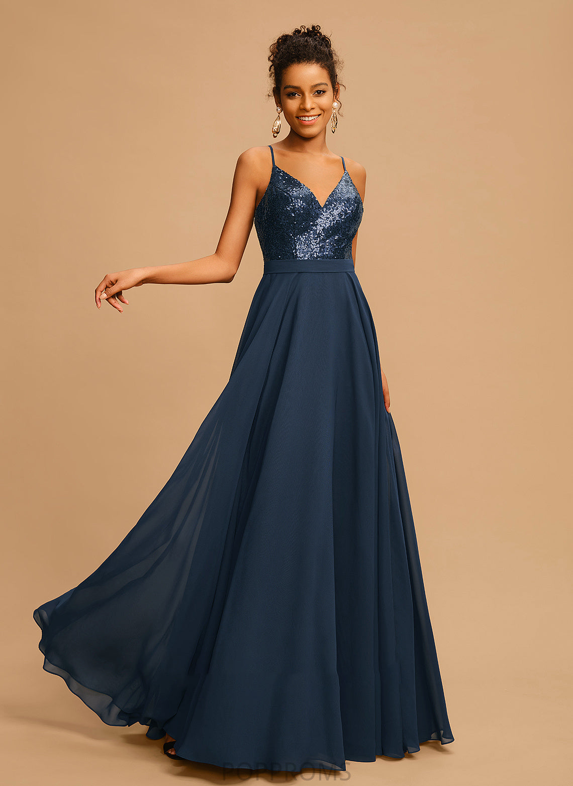 Floor-Length Sequins With Brenna Chiffon V-neck A-Line Prom Dresses