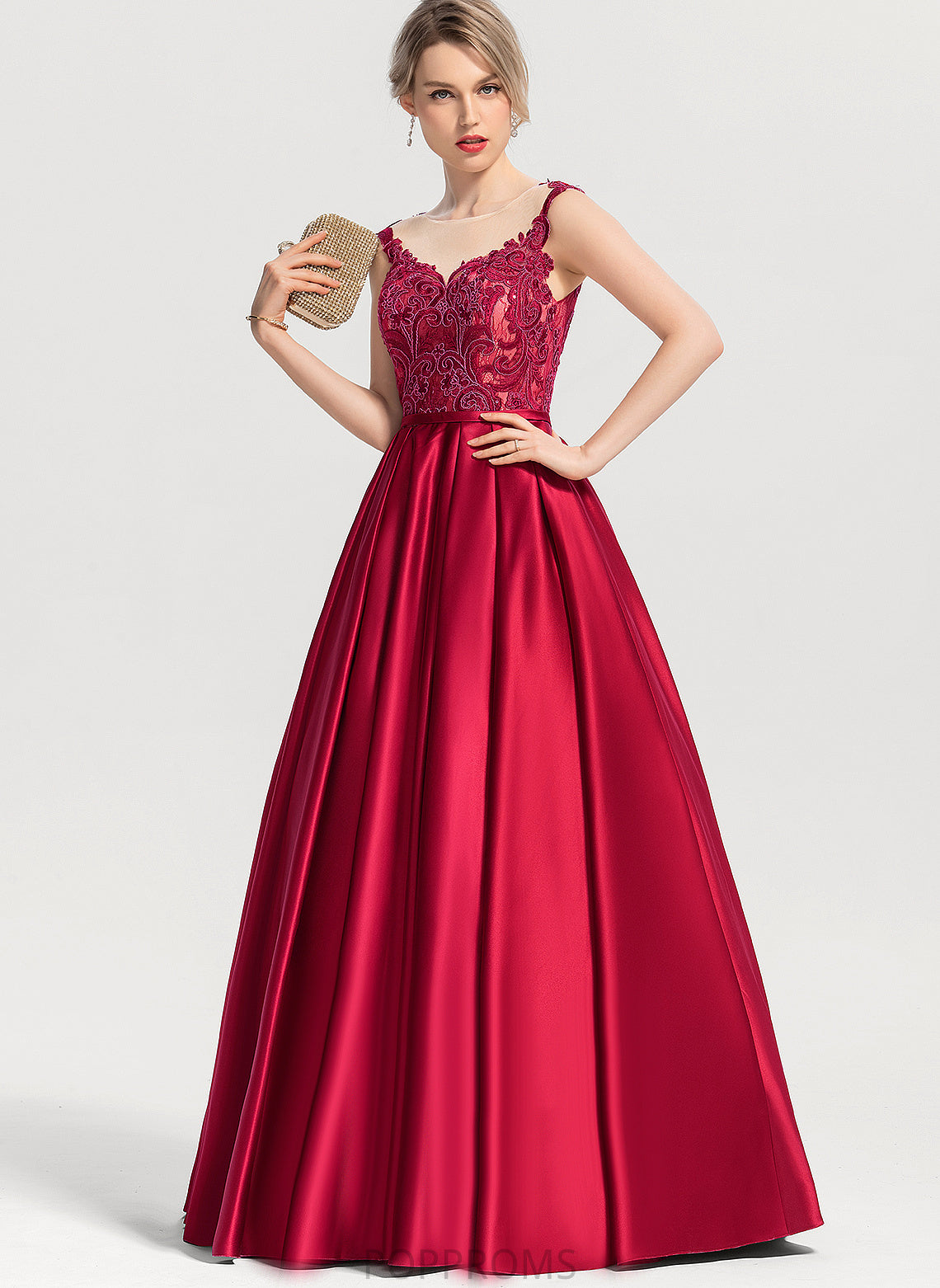 Scoop Lace Illusion Floor-Length Satin Sequins Matilda Prom Dresses Ball-Gown/Princess With