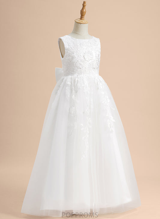 With Dress Girl Kaitlynn Tulle Flower Floor-length Flower Girl Dresses Lace/Flower(s)/Bow(s) - Sleeveless Scoop A-Line Neck