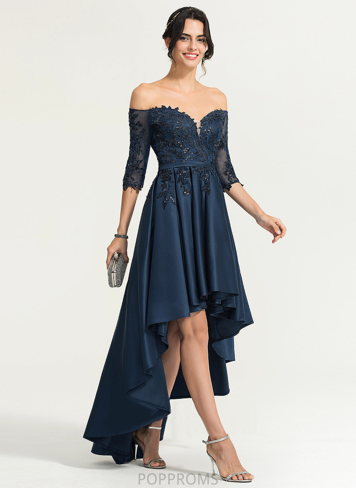 With Dress Bria Satin A-Line Off-the-Shoulder Homecoming Lace Asymmetrical Homecoming Dresses